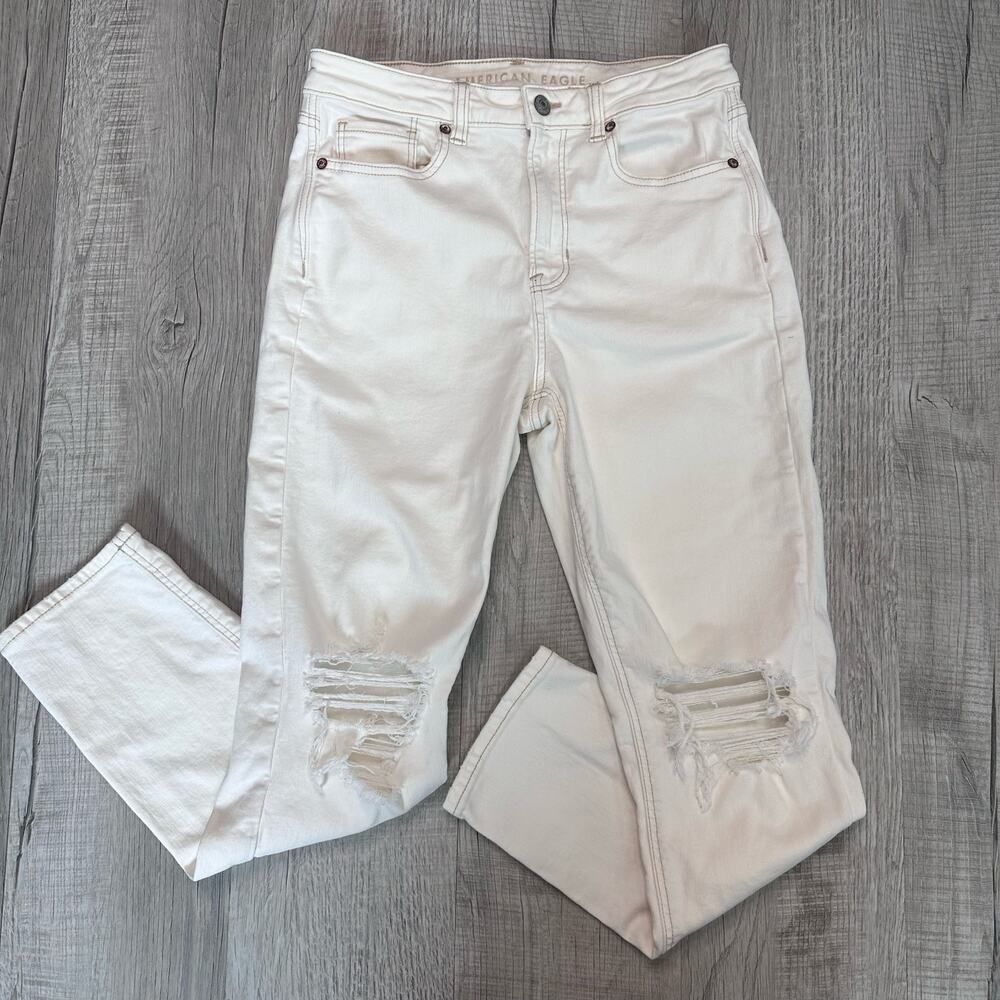 American Eagle Outfitters Stretch Mom Jeans Distressed White Denim Women 4R Work